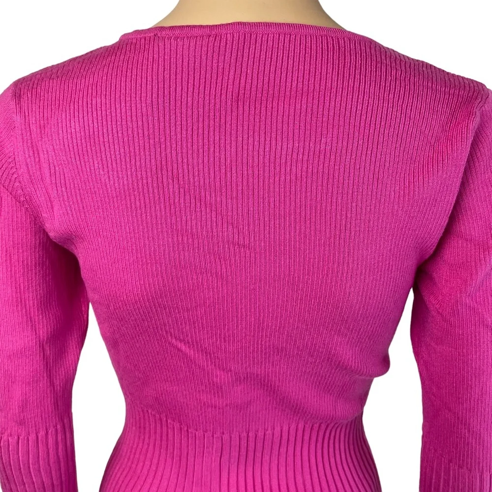 Nicole Miller Womens Ribbed Pullover Sweater Fuschia Pink Ruffled Cuffs. New - Picture 4 of 9